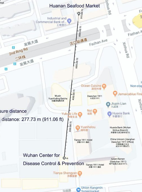 A map showing the location of the Wuhan CDC.  277 meters from the seafood market first named as the origin.  