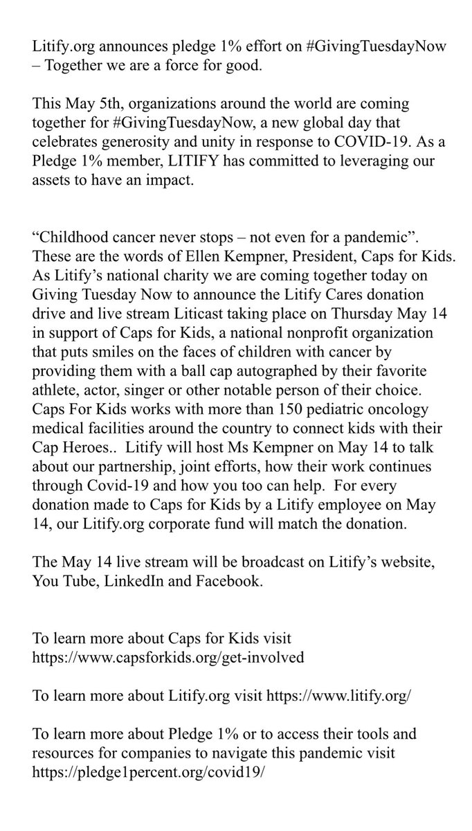 CapsForKids's tweet image. We are so thankful to be a part of such an amazing company. Join us and @LitifyHQ in our efforts to create smiles for kids battling cancer #GivingTuesdayNow #Pledge1
#ForceForGood
#CapslovesLitify #CFKlovesLitify