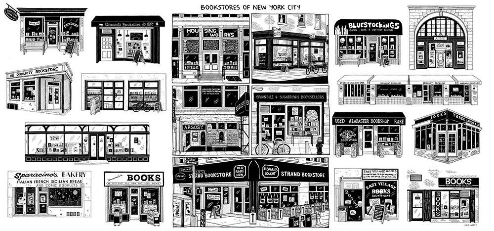If you run a small business that I’ve drawn in Tenements, Towers &amp; Trash (or elsewhere) &amp; would like to use the art, I’m happy to send hi-res images to you for free, just contact me! Email is best juliajwertz@gmail (this ‘bookstores of NYC’ print is available from <a href="/topatoco/">TopatoCo!</a>)