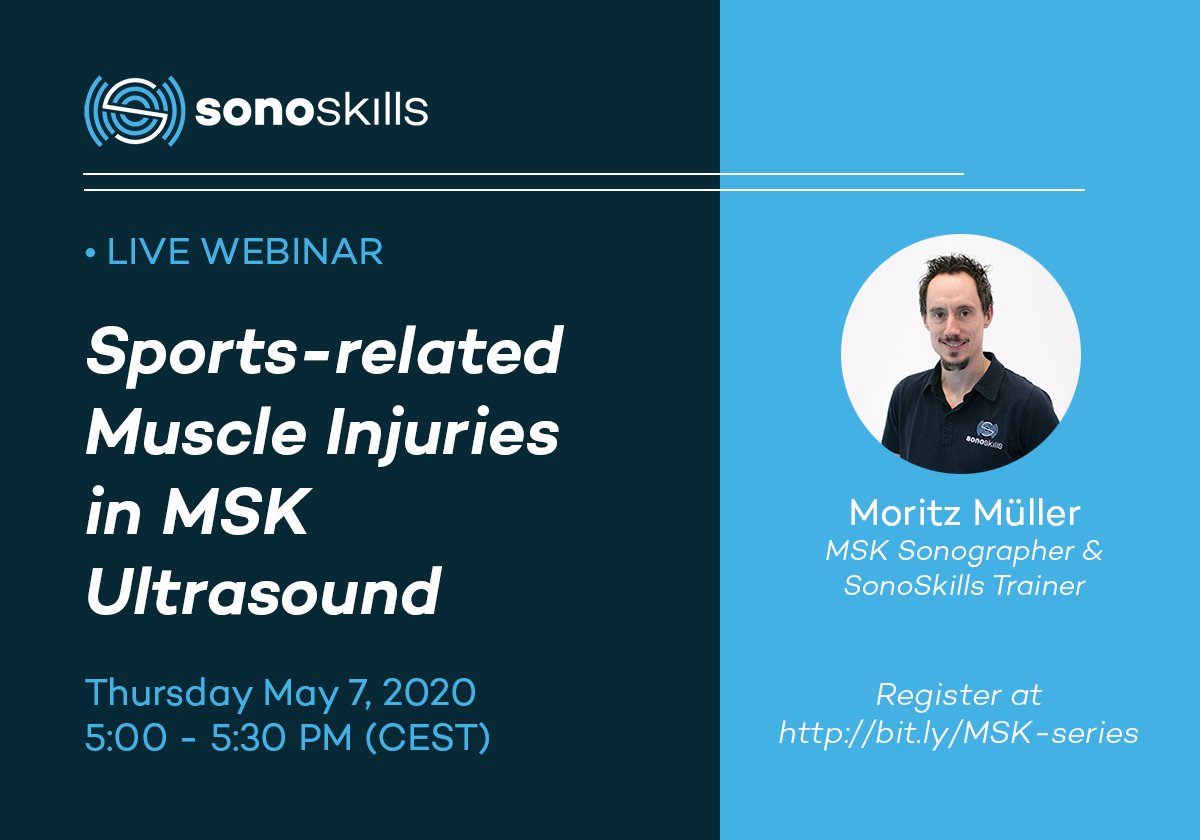 sonoskills's tweet photo. FREE WEBINAR SERIES

Thursday May 7th (5:00 PM CEST) Moritz Muller will present a webinar on MSK ultrasound- Sports-related muscle injuries.
Register for this and all upcoming webinars at: https://t.co/pGwxkNfUrt

#ultrasound #MSKUS #sonography #pocus #webinar https://t.co/QPInrRoCnI