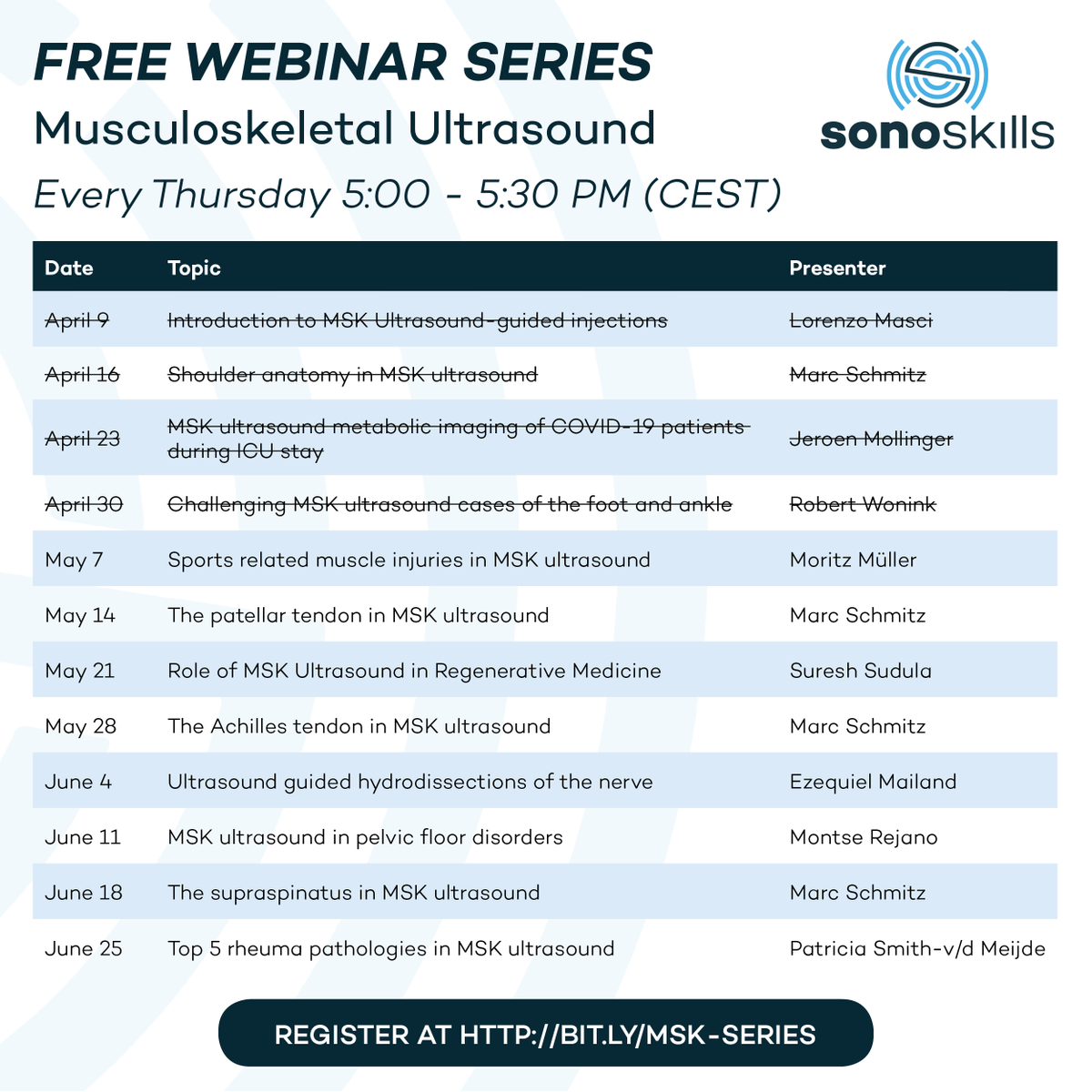 sonoskills's tweet photo. FREE WEBINAR SERIES

Thursday May 7th (5:00 PM CEST) Moritz Muller will present a webinar on MSK ultrasound- Sports-related muscle injuries.
Register for this and all upcoming webinars at: https://t.co/pGwxkNfUrt

#ultrasound #MSKUS #sonography #pocus #webinar https://t.co/QPInrRoCnI