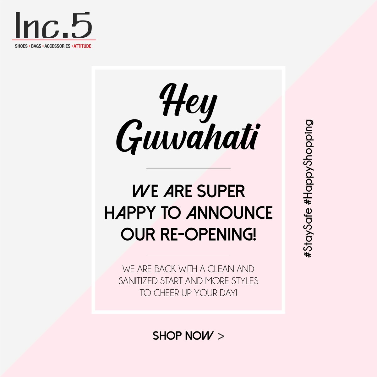 Walk in care-free and shop stress-free! We have taken all the necessary measures as per the government guidelines to give you a clean and hygienic shopping environment. Happy shopping! 

#Inc5Shoes #Shoes #StaySafe #HappyShopping #SocialDistancing #Guwahati #bags #shoeslove