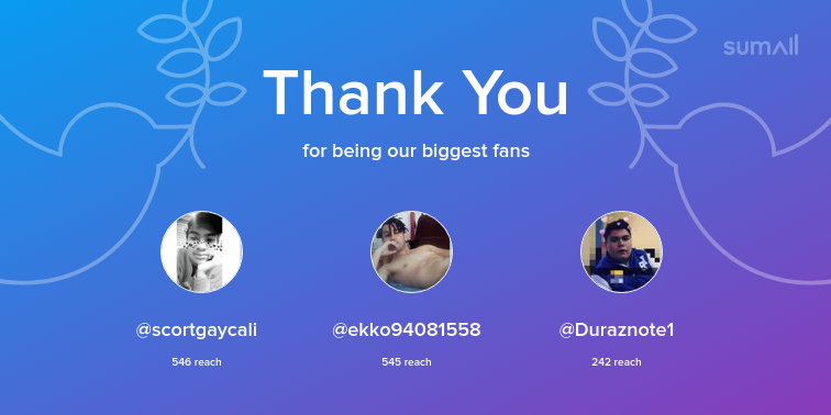 Our biggest fans this week: scortgaycali, ekko94081558, Duraznote1. Thank you! via sumall.com/thankyou?utm_s…