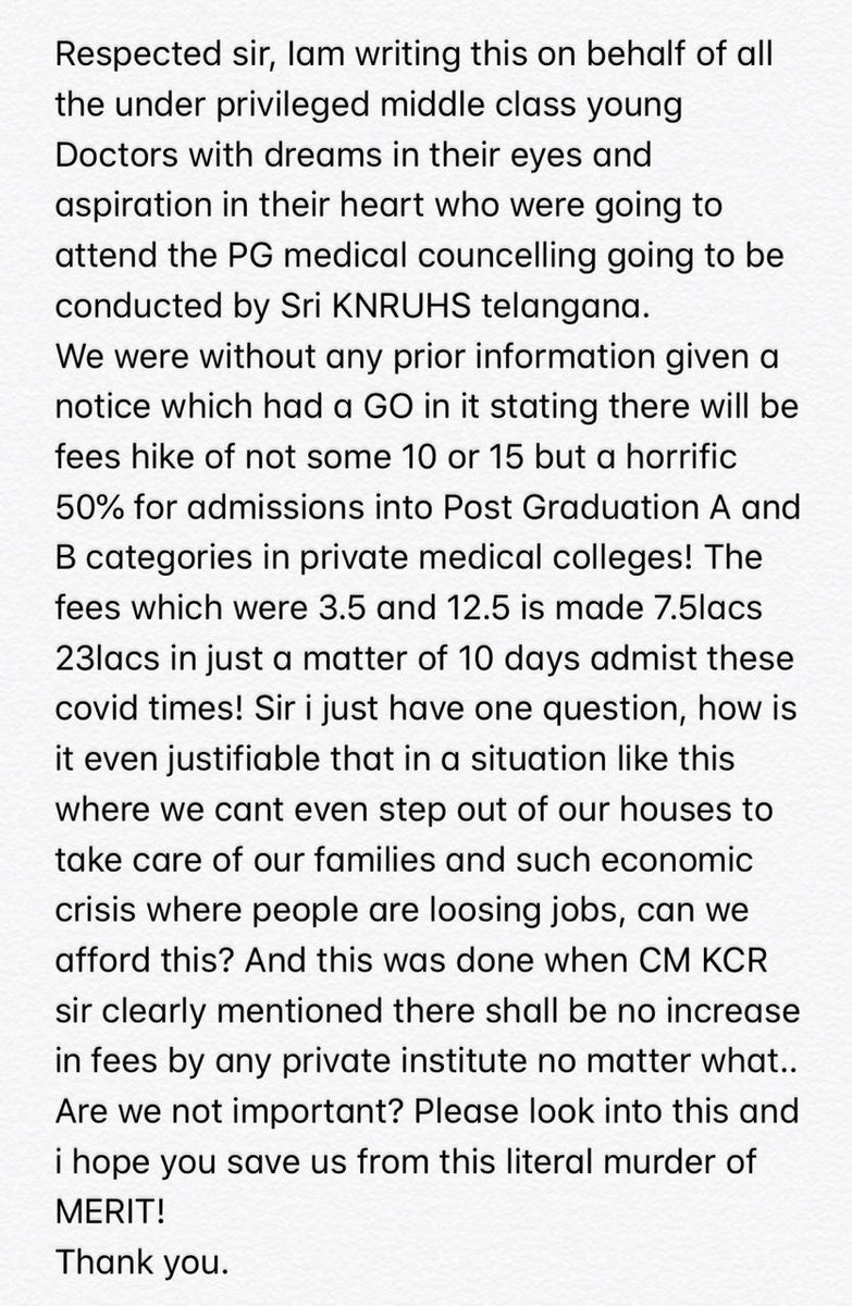MedhaTiruvuri's tweet photo. Please look into this sir....Dont make pursuing Post graduation course a far fetched reality for the students
@KTRTRS @Eatala_Rajender 
#nofeehikeforpgs https://t.co/TtneV9pVYm