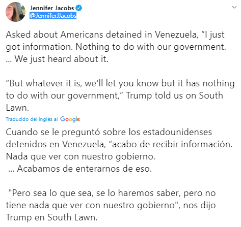 ট ইট র Tvv Noticias Acabo De Recibir Informacion Sobre Eso Pero Sea Lo Que Sea Se Lo Haremos Saber No Tiene Nada Que Ver Con Nuestro Gobierno Dijo Donald Trump Sobre La
