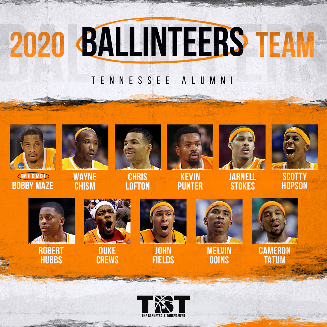 thetournament's tweet image. 🚨ALERT🚨: Tennessee alumni team @TBTBallinteers has released its TBT 2020 roster!

Players include Chris Lofton, Wayne Chism, Cameron Tatum, Jarnell Stokes, and Kevin Punter.

thetournament.com/teams/ballinte…