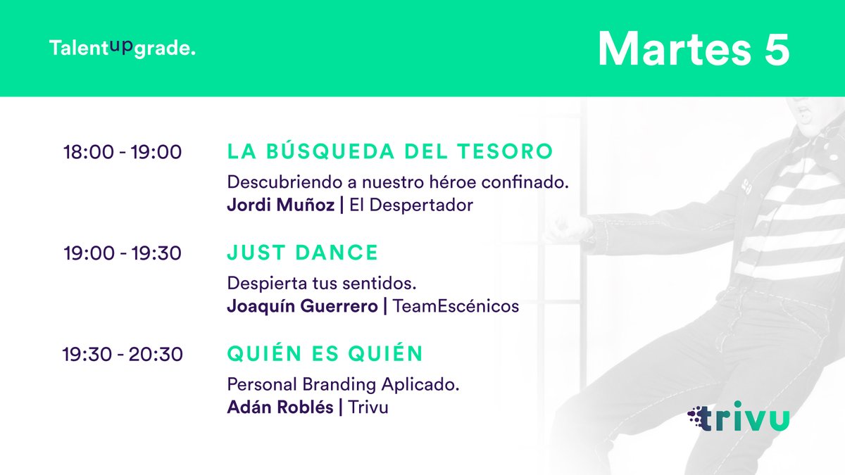 wearetrivu's tweet photo. ¡En una hora comienza #TalentUpgrade!
Regístrate y únete a las 3 sesiones que traemos hoy.
Descarga tu invitación: https://t.co/fSjcw1waFJ 👈
#WeAreTrivu #Talento #FestivalOnline #Evento https://t.co/PLCsC9JYAF