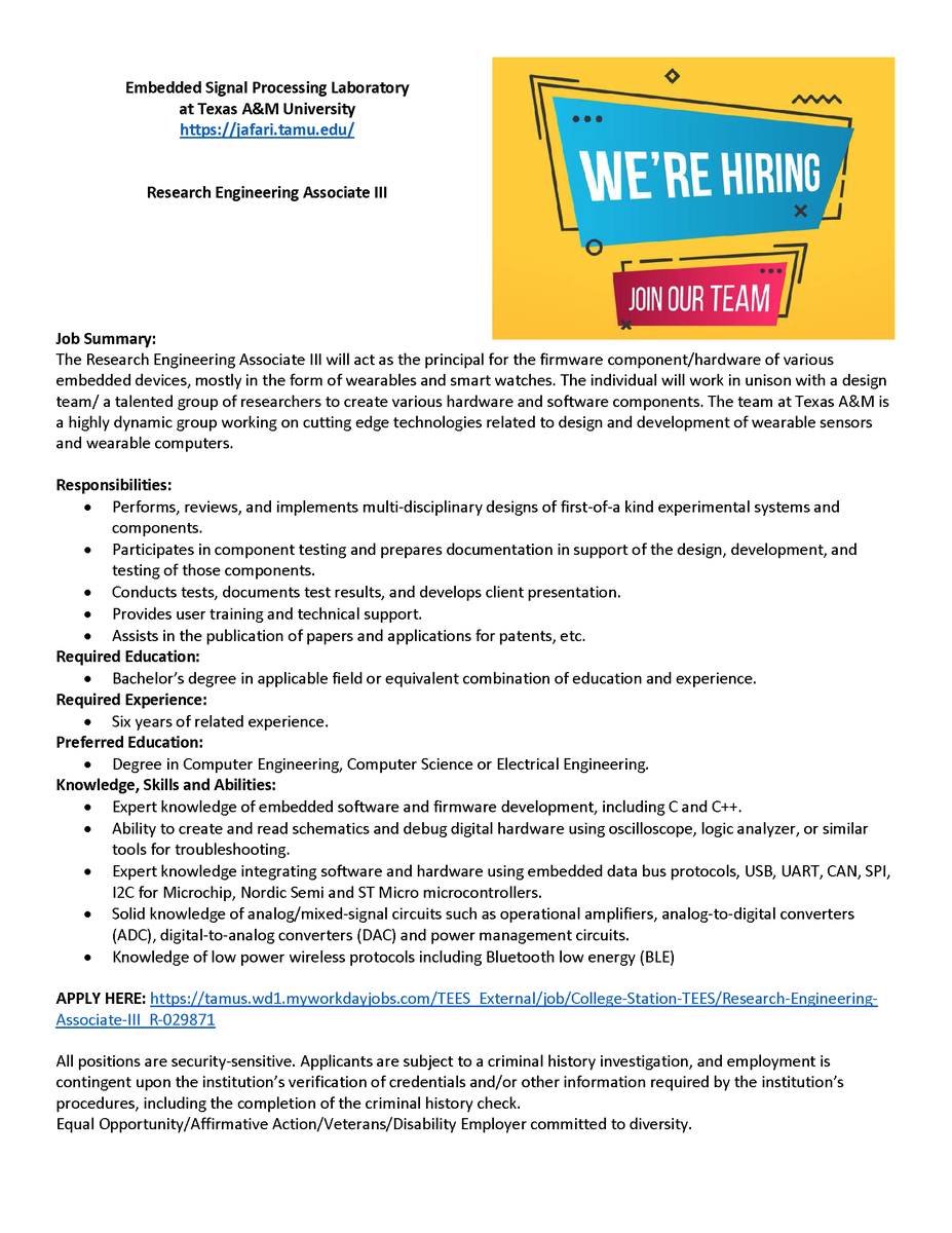 rjafari00's tweet photo. We have an opening for a research engineer acting as the principal for the firmware component/hardware of various embedded devices, mostly in the form of wearables. Please contact me or apply directly: https://t.co/eCNd80NbGm Ad: https://t.co/pNvOuTeoAn #HIRINGNOW #WearableTech https://t.co/JH3CZh9KEu