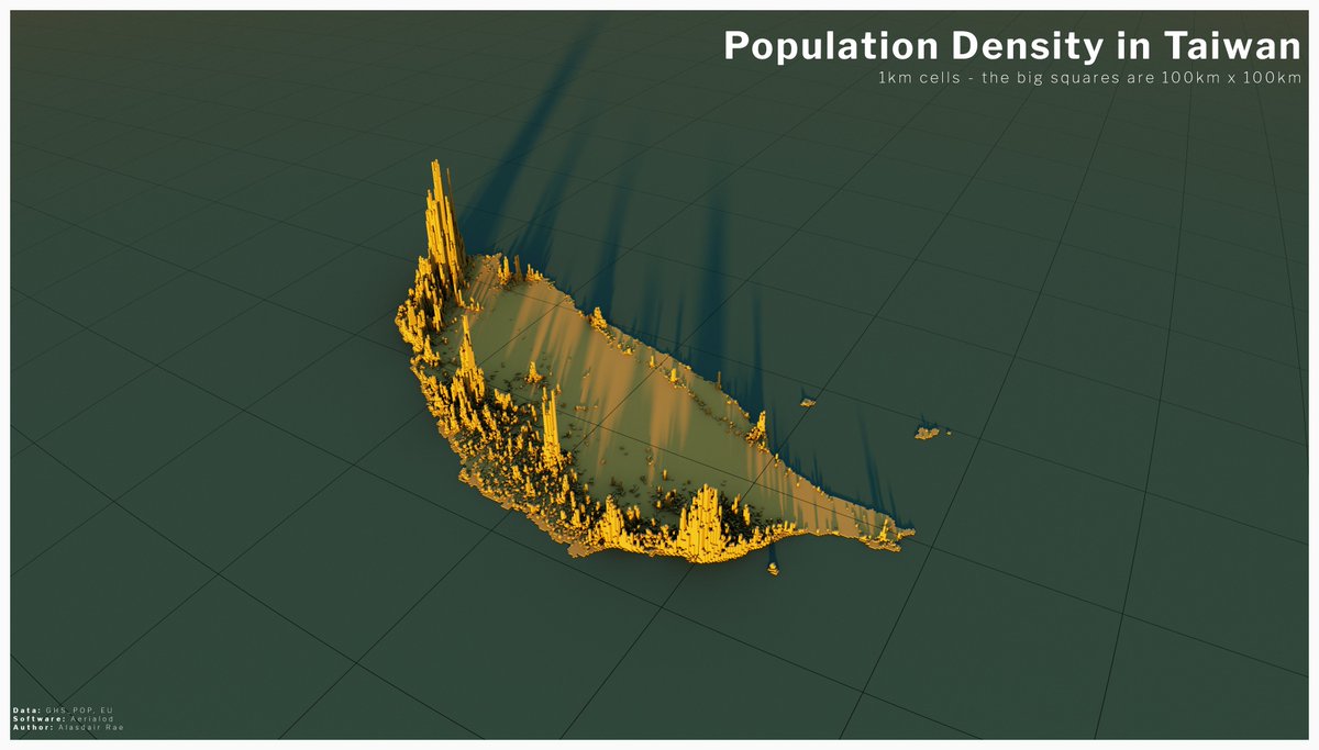 and now we have a close up of population density in Taiwan, with a kind of sunset effect on the lighting