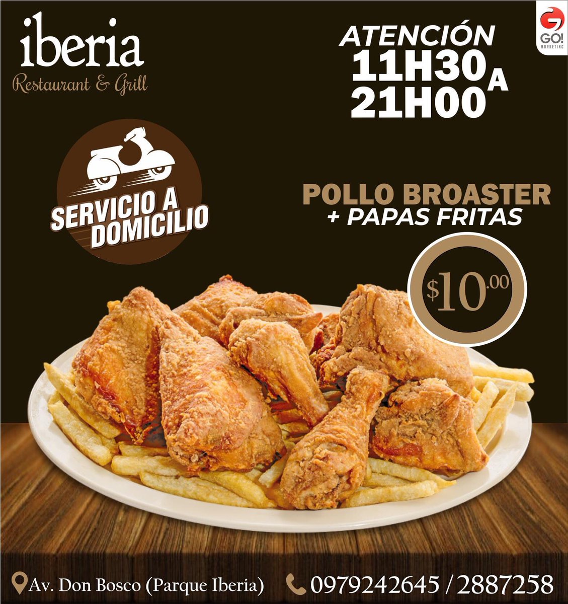GoMarketing8's tweet photo. Disfruta nuestra deliciosa gastronomía a DOMICILIO de 11h30 a 21h00

✅Pollo (entero) broaster + papas fritas
✅Pollo Asado + papas fritas 
A tan solo $10.00 

Pedidos al 📲 097 924 2645 / 2887-258
Av. Don Bosco (Parque Iberia) #Cuenca https://t.co/RPLIwcdLQ6