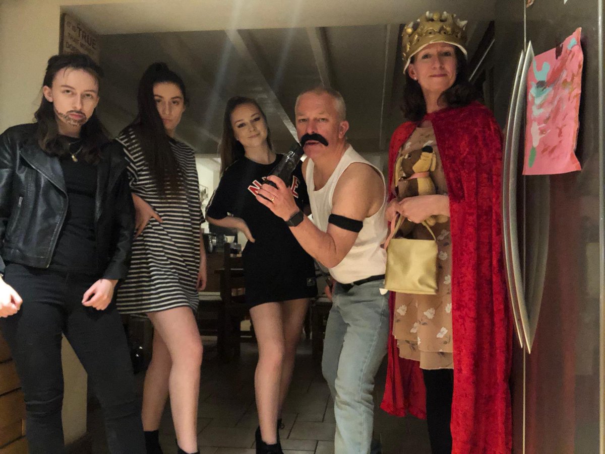 every tuesday in lockdown we have a fancy dress meal as a family. themes so far have been:1) famous people2) each other3) childrens tv shows4) gavin and stacey