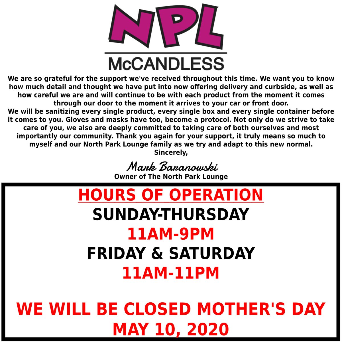 nplmccandless's tweet photo. We will be opening this Friday, May 8th! Our hours of operations will be Sunday-Thursday 11am-9pm and Friday &amp; Saturday 11am-11pm. We will not be open this Sunday, May 10th for Mother's Day. #nplmccandless #nowdelivering #northparklounge #supportlocal #pgheats #pghfoodie https://t.co/tiMsk7FfrX