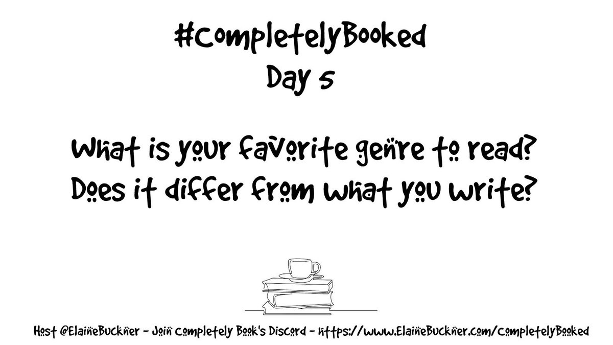 ElaineBuckner's tweet photo. #CompletelyBooked Day 5:
What's your favorite genre to read and write?
#WritingCommunity https://t.co/6ZgZElBemR