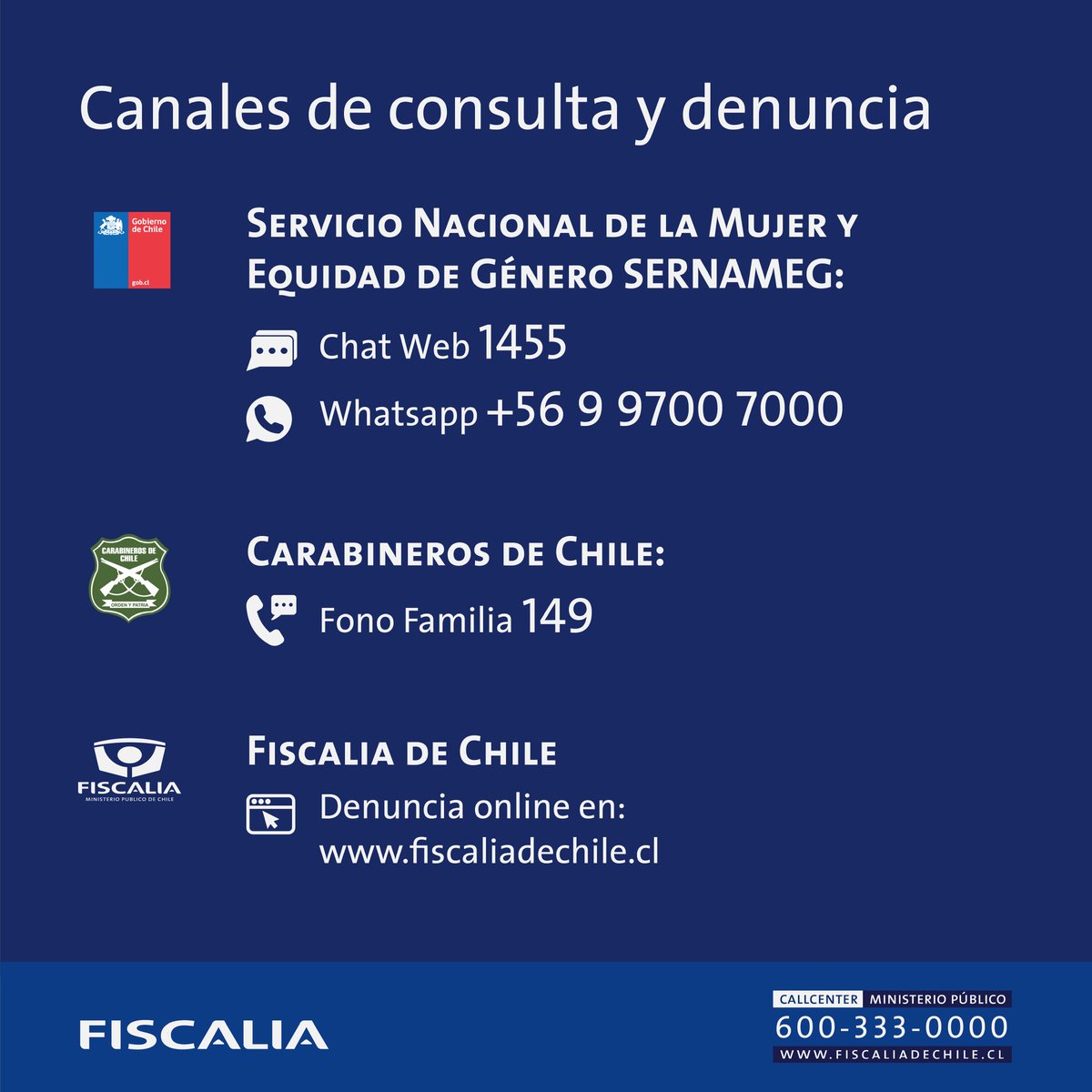 FiscaliadeChile's tweet photo. ¡La @fiscaliadechile no está en cuarentena y tampoco tus derechos! Si eres testigo o conoces a alguien que está en situación de violencia no te calles y ¡denuncia! #FiscaliaTeProtege https://t.co/9tmhhs7cTz