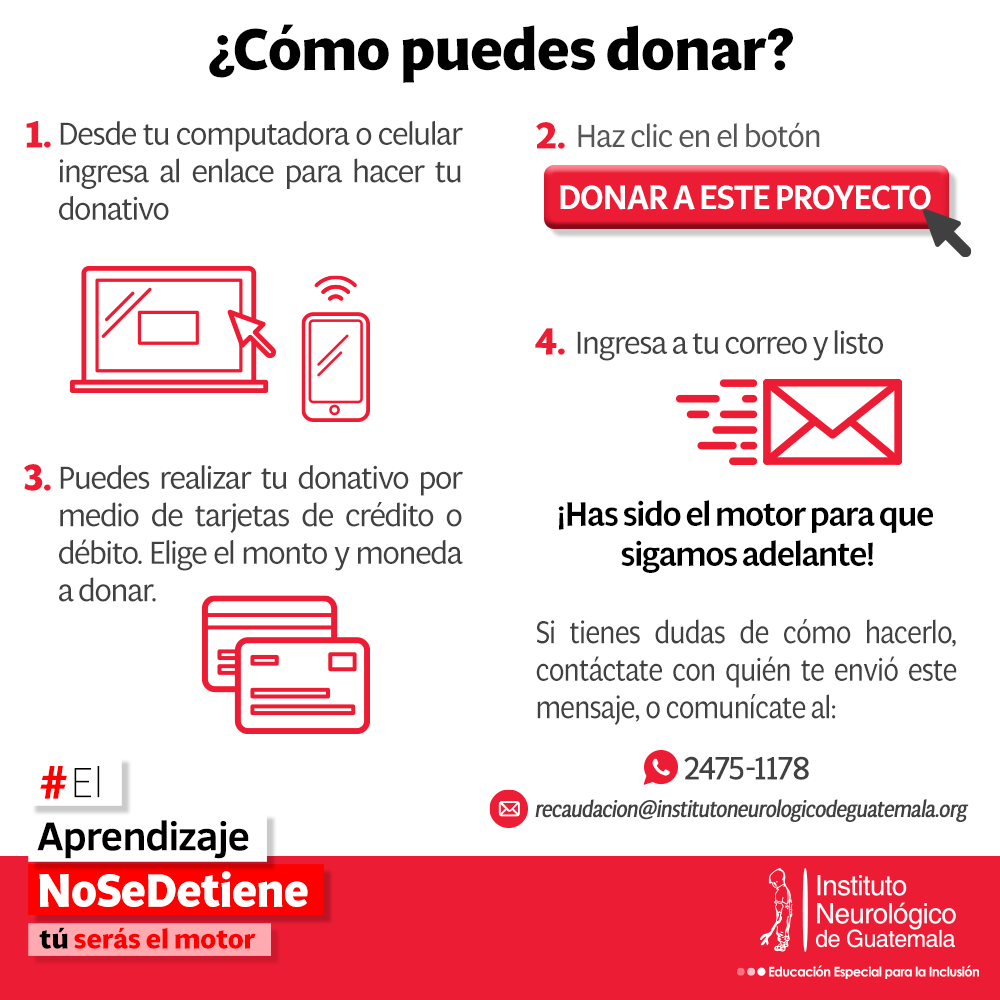 ¡Todo aporte cuenta! porque #ElAprendizajeNoSeDetiene
📌 Dona en la plataforma #HipGive bit.ly/3f7ycW3
❤️🔁💙 Puedes duplicar tu donativo si lo haces a las 4 de la tarde (GTM) ¡contamos contigo!
Necesitamos continuar brindando educación especial y terapias a distancia.