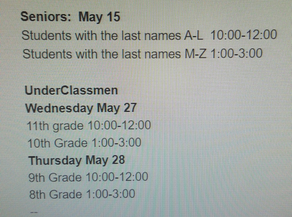 PHS Students 8-12, see below for the dates and times when you will return your Chromebook, charger, library books, textbooks, and clean out lockers.  An all call was shared today as well.  See you then!!