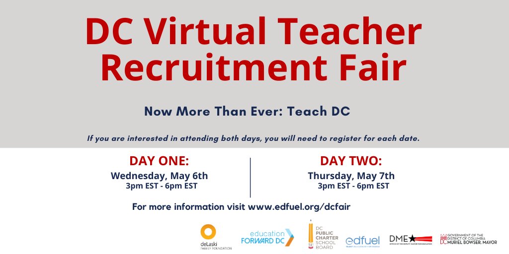 dcpl's tweet photo. Happening tomorrow! @EDFuel and @DMEforDC are hosting a 2-day, citywide DC Virtual Teacher Recruitment Fair on Wednesday, (5/6) from 3 - 6pm and Thursday (5/7) from 3 - 6pm EST. Come learn about job opportunities for the 2020-2021 school year. https://t.co/Yg94J7xXLZ #TeachDC https://t.co/ZR0NAg0aW2