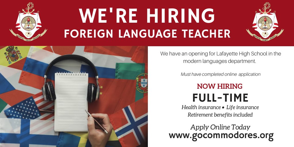 LafCo_District's tweet photo. Lafayette High School is hiring a foreign language teacher in its modern languages department. Apply at https://t.co/q3YC6iX4l0 https://t.co/K3B4FKcsBW