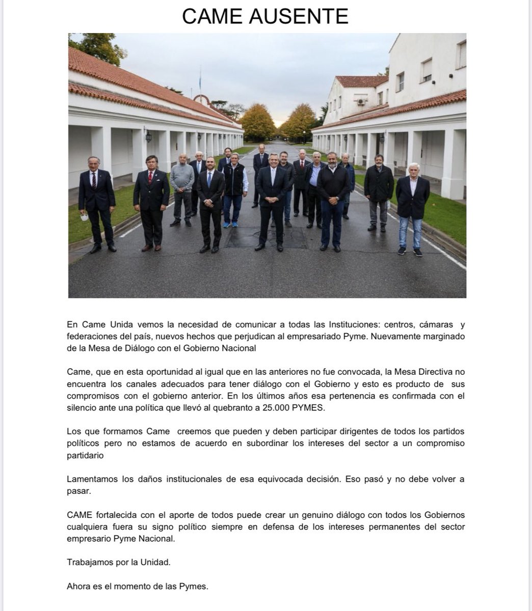 FrentePyme's tweet photo. CAME AUSENTE
En esta oportunidad al igual que en anteriores no fue convocada al Diálogo con Gobierno y esto es producto de compromisos con el silencio, durante el Gob anterior, ante una política que llevó a la destruccion de + 25.000 PYMES. https://t.co/0LBSZ5AU7U