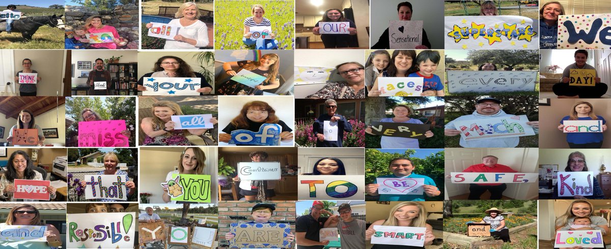 KingCityUnionSD's tweet photo. S.L. staff send a picture quilt message to their students: Hello to all of our sensational superstars. We think about your beautiful smiling faces every day. We miss all of you very much and hope that you continue to be safe, kind and responsible! You are strong, smart and loved. https://t.co/MKM7VohrTm