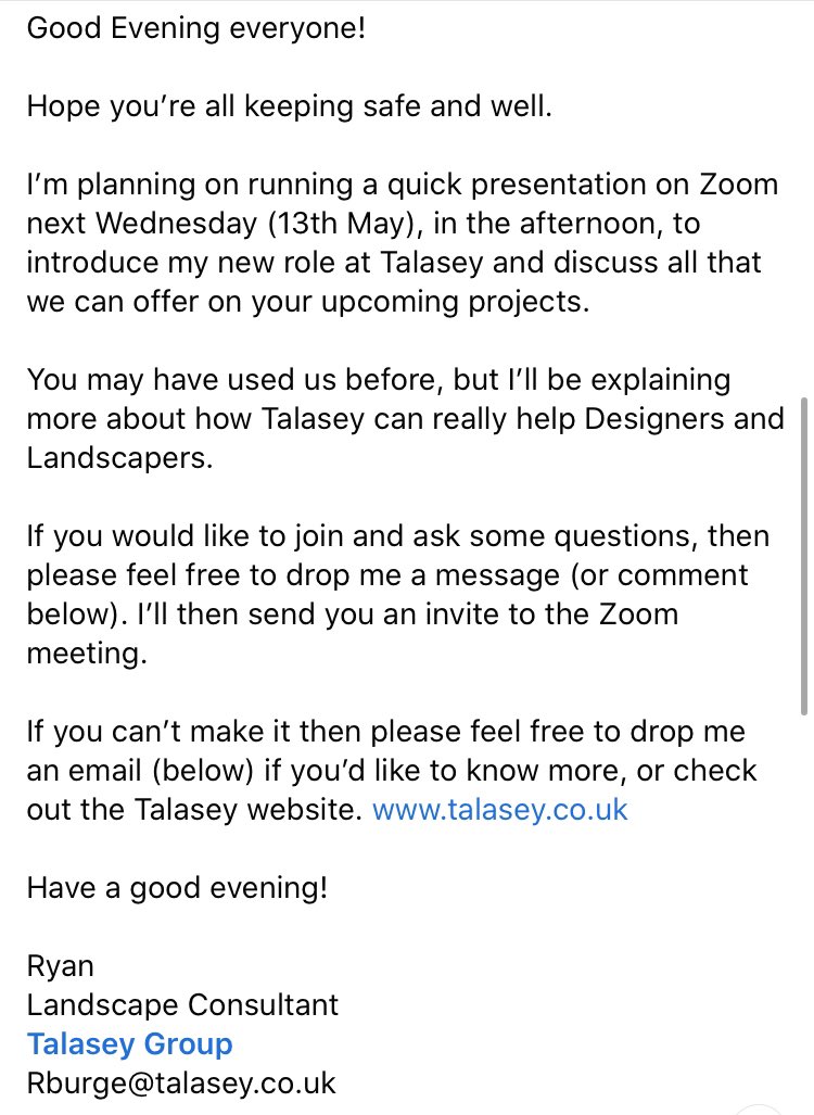 RyanBurge_'s tweet photo. I hope everyone’s keeping safe.

I’m going to be running a presentation on Zoom next Wednesday (details below) explaining more about @TalaseyGroup and my new role there.

If you’d like to join please comment or DM me and I’ll send an you invite. https://t.co/jyQZkKhHjj
