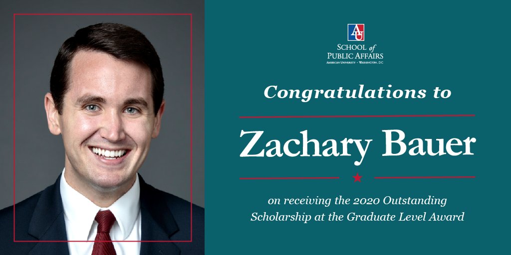 AU_SPA's tweet photo. #SPASpotlight: Congratulations to SPA graduate student Zachary Bauer @bauer_za on receiving the @AmericanU 2020 Outstanding Scholarship Graduate Level Award in recognition of his scholarly achievements, publication record, conference presentation activity & success in teaching. https://t.co/4nZIybiZKw