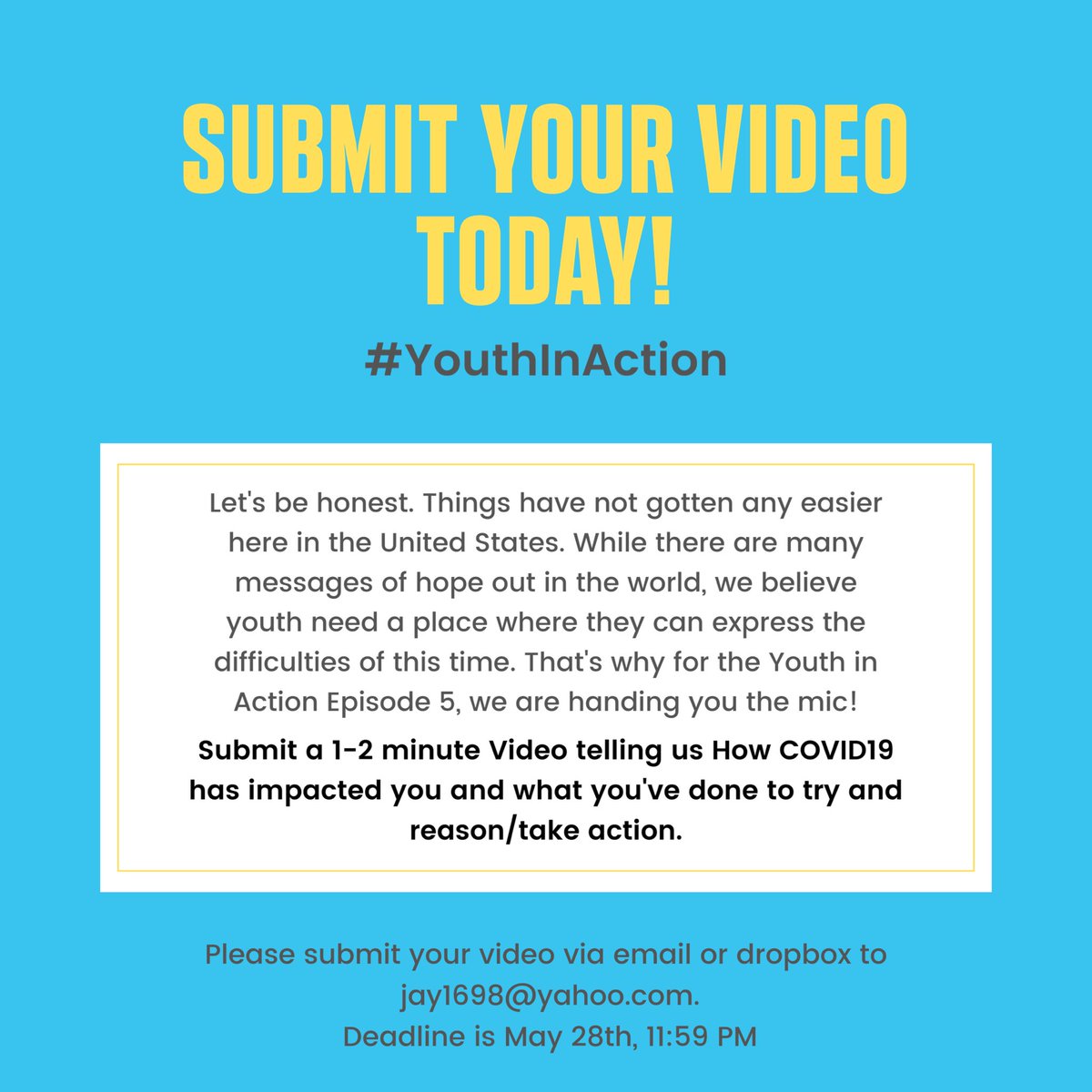 USYouthObserver's tweet photo. BE APART OF #YIA EP.5 //
It is perfectly okay if you’ve struggled during this time and it is okay if your life is not put together. Individually, we’ve all felt the impacts of #COVID19 but together we will rise and come out stronger than ever before! #submityourvideo #YIA https://t.co/CgEBcuWpak