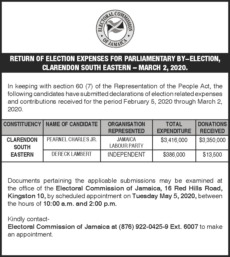 Electoral Office Of Jamaica On Twitter Published Return Of Election Expenses For Candidates Pearnel Charles Junior And Dereck Lambert For The Clarendon South Eastern By Election Held March 2 2020 Https T Co Xnaoz63bdn