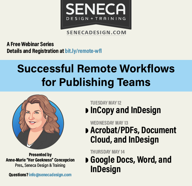 amarie's tweet photo. Calling all #InDesign users! And the #writers and #editorial crew that review their layout proofs. I’m doing 3 short FREE webinars May 12-14 on different ways to work remotely, collaborating &amp; having fun. Details and registration: https://t.co/YPJ2UKi5oK #incopy #emsoftware #word https://t.co/lXuEsrCNfr
