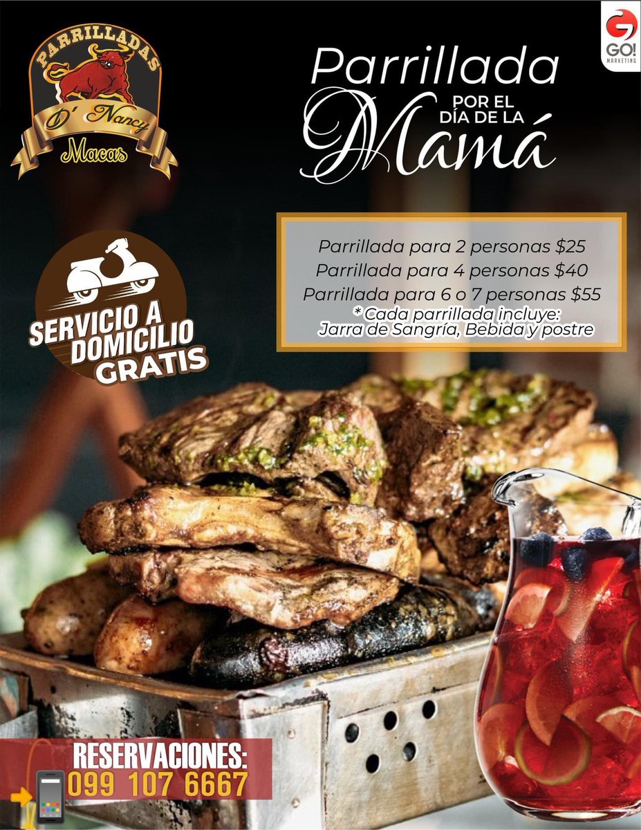 GoMarketing8's tweet photo. Festeja a #Mamá a lo grande con nuestras increíbles parrilladas 😋😋 #FelizDíaMamá ❤️

🍖para dos personas $25
🍖para 4 personas $40
🍖para 6 a 7 personas $55
(Cada parrillada incluye jarra de sangría, bebida y postre)
#Macas a Domicilio será GRATUITO
AL: 📲 0991076667 https://t.co/BSqEf77sE5