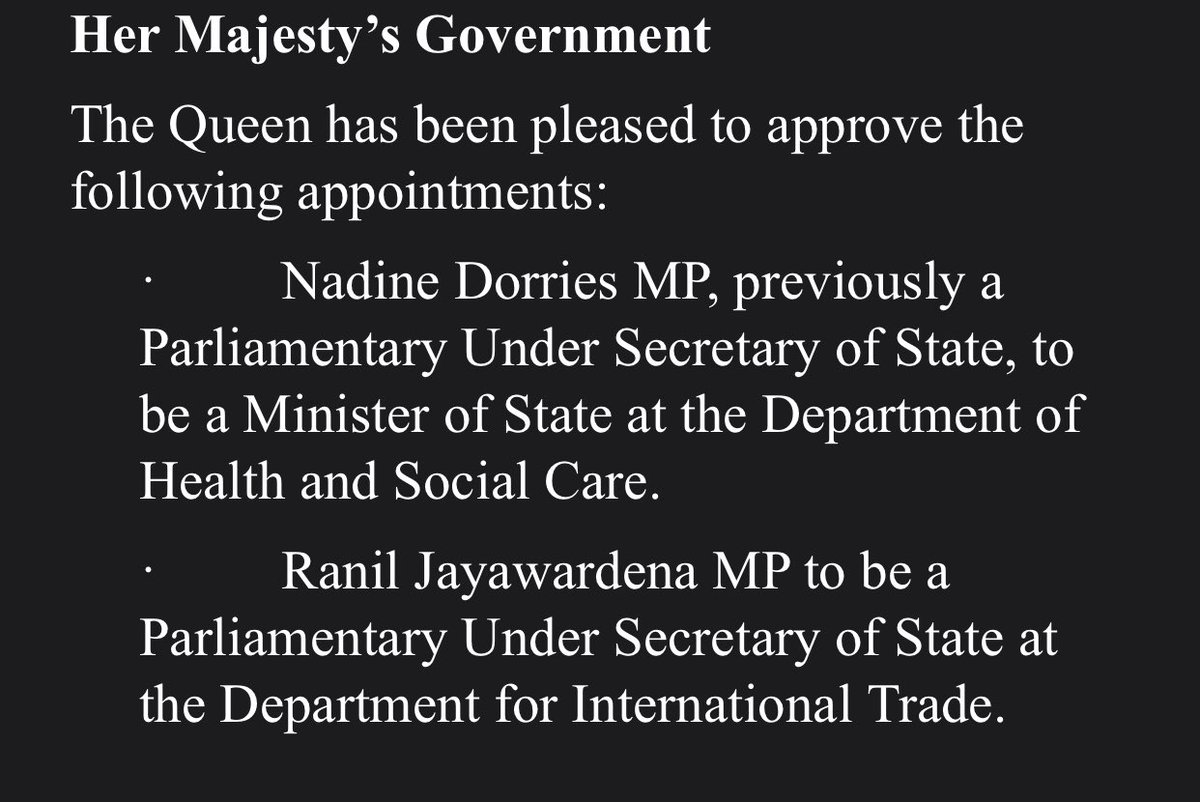 PaulBrandITV's tweet photo. NEW: @NadineDorries promoted to Minister of State at Department for Health.
And Ranil Jayawardena replaces Conor Burns at Dept for International Trade. https://t.co/mCsV1E5dli