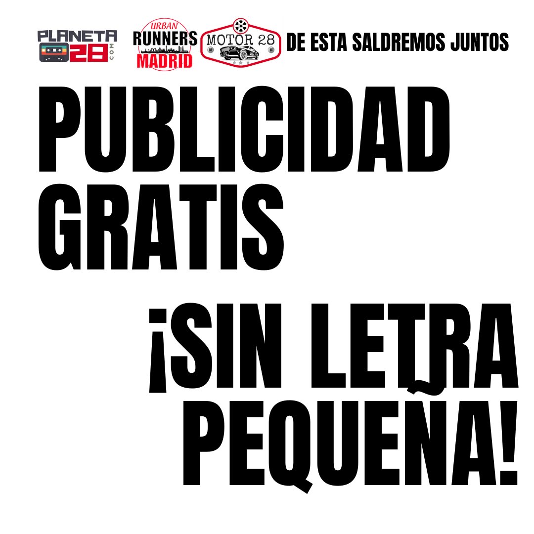 Motor28P28's tweet photo. PLANETA 28 CON LAS EMPRESAS AFECTADAS POR EL CORONAVIRUS - DE ESTA SALIMOS JUNTOS 

Ofrecemos la mejor publicidad y GRATIS durante 1 mes, sin letra pequeña ni compromisos. Has leído bien! GRATIS!

Teatros, salas de conciertos, centros deportivos,restaurantes, marcas de moda... https://t.co/GElhLkMHLP