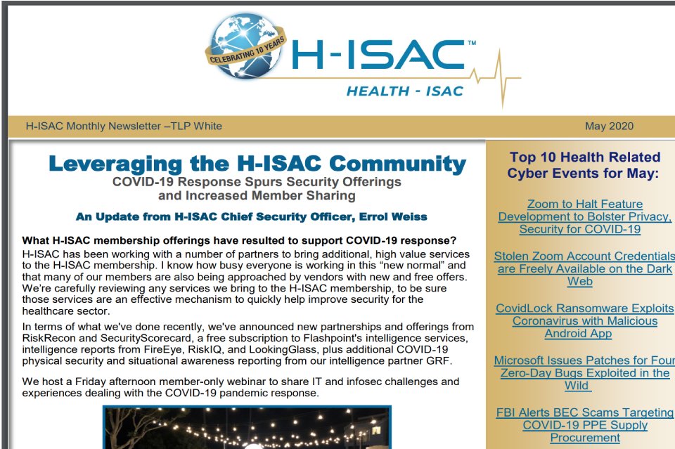 HealthISAC's tweet photo. May Newsletter: H-ISAC's CSO, Errol Weiss, discusses how members are leveraging the H-ISAC Community during COVID-19. Also features Healthcare security resources and upcoming events. #healthit #medtech https://t.co/ar0LrTEUkQ https://t.co/jJ6BHKgAXj