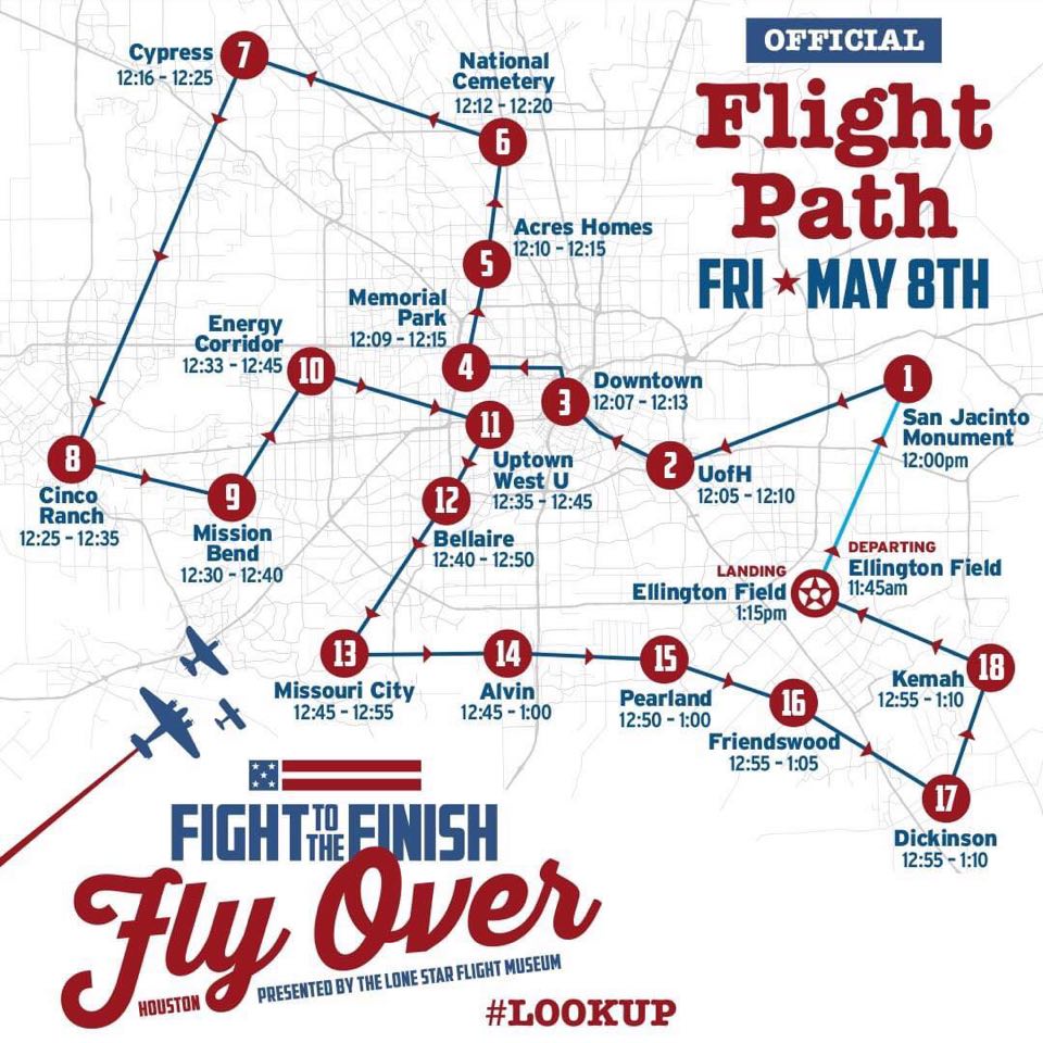 CityofBaytown's tweet photo. The flight path for the Friday, May 8th "Flight to the Finish" will be coming right by the San Jacinto Monument at approximately 12:00 noon commemorating the 75th Anniversary of VE Day and the End of WWII in Europe. #FlightToTheFinish #BetterBaytown #BlueAngels #BlueAngelsFlyover https://t.co/eLvkxHvIeP