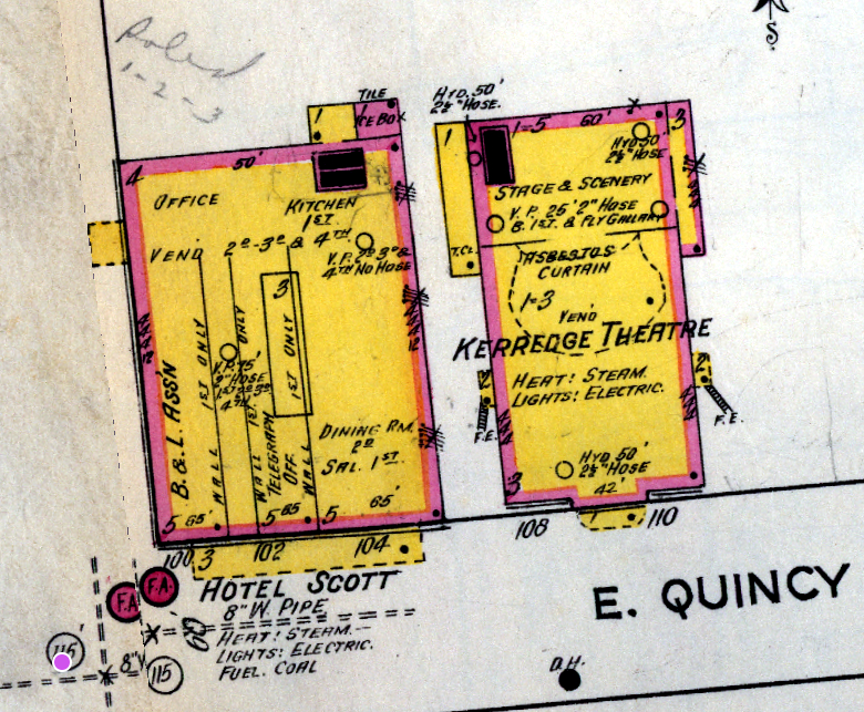 KeweenawHistory's tweet photo. On this #TuesdayUseDay travel to East Quincy Street in Hancock in 1917 to visit the Kerredge Theatre and Hotel Scott. The Kerredge Theatre includes notes such as a stage, scenery, and an asbestos curtain. Do you know why a fire insurance map would include this information? https://t.co/6ZGt4kC7tL