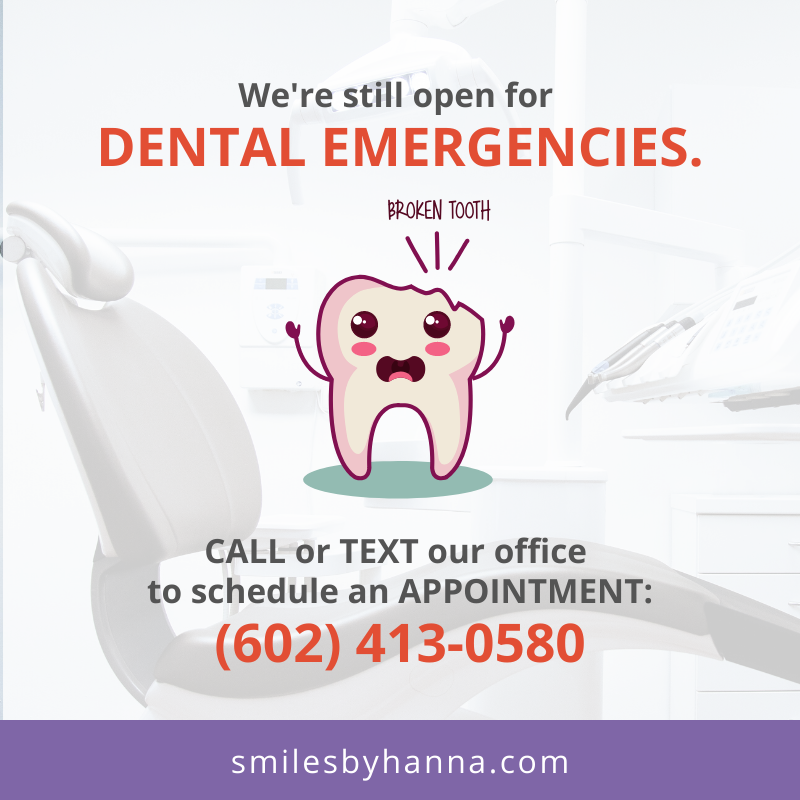 Dentist_Gilbert's tweet photo. Persistent toothache, broken, or knocked out a tooth? At #SmilesByHanna, we got you covered! Call or text us at (602) 413-0580 to schedule an appointment for your dental emergency. https://t.co/7ZOl4WSST2