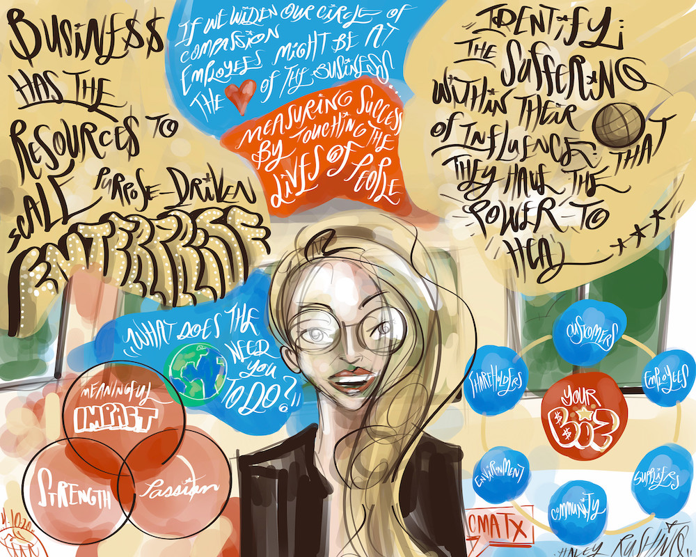 TheCreativeExec's tweet image. We were proud to be a partner last month for @CM_Austin. Haley Rushing of The Purpose Institute talked purpose-driven companies. Thanks to @Manny_Pandya for the photos + @amirocks for the live sketches! #CMPurpose