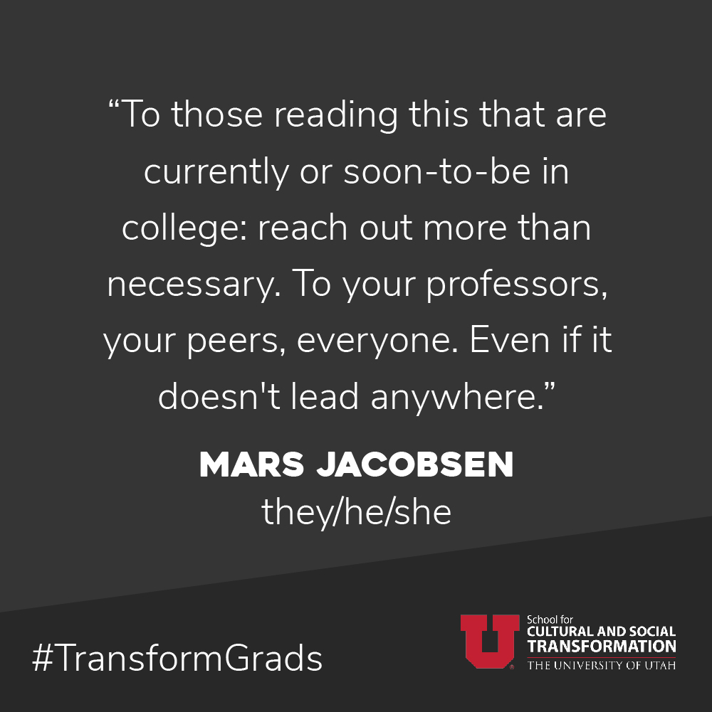 uofutransform's tweet photo. Help us congratulate Mars on their amazing achievement of graduating! They have some rock solid advice for current and future students too 🎓More Transform festivities at https://t.co/hhrwiwgKKW #TransformGrads #UtahGrad20 @UtahSoC https://t.co/6rMh54V92B