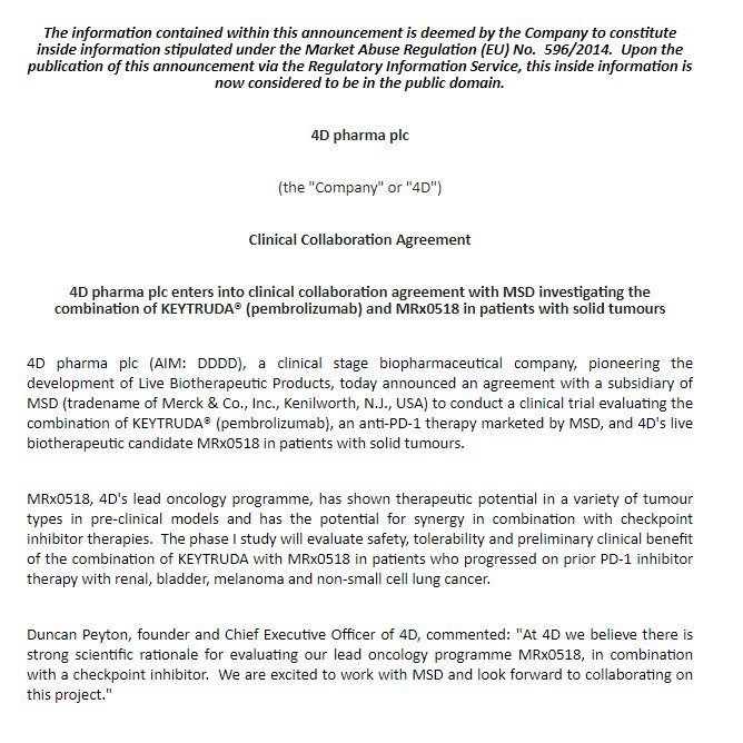  #DDDD  @Merck currently have signed 2 collaborations with  #DDDD1- To develop their KEYTRUDER BLOCKBUSTER Drug in conjunction with  #DDDD MicroRx Platform (Initiated 2018)2- To develop multiple novel Vaccines via Live Bio-therapeutics (Initiated 2019)