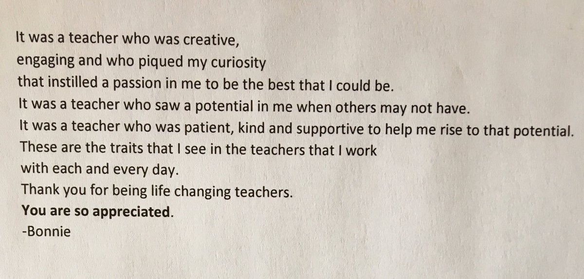 A teacher does more than just teach. Common traits of those that I am surrounded by: Passionate in what they do, supportive, engaging, patient, creative, safe, loving, nurture potential, have high expectations and are not afraid to grow themselves. Thank you. @RCSDsch46 @RCSDNYS