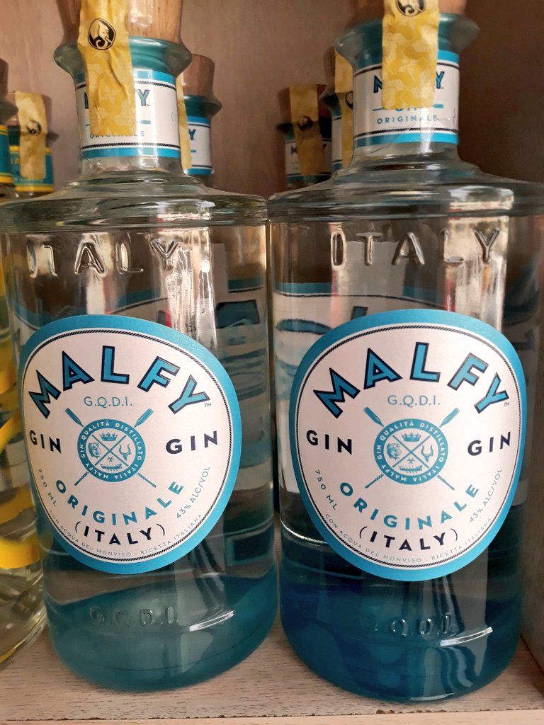 13. Malfy Originale Gin. Alc 43%, price 3540. From Slater, Soys, Vintage,Montyz. Malfy originale is distilled in stainless steel vacuum still using juniper and five other botanicals including coriander, angelica and cassia bark. It is cut to proof with Italian spring water.