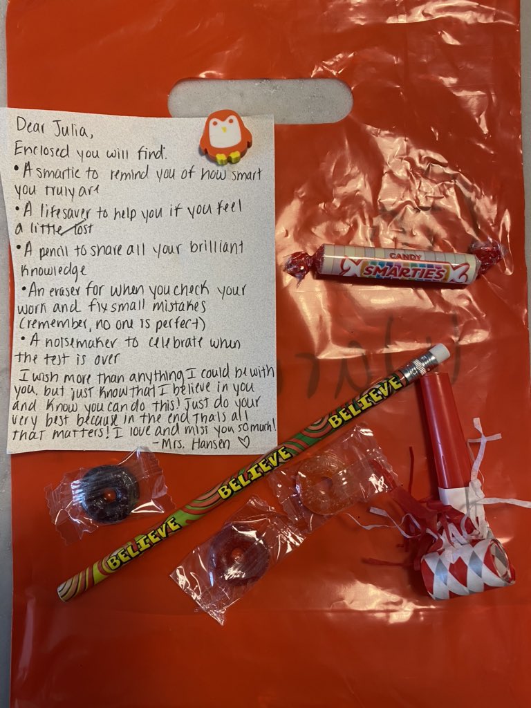Shout out to Mrs. Hansen for going out of her way to bring these goodies for Julia before her big Math test tomorrow!  Thank you for your love and dedication!❤️