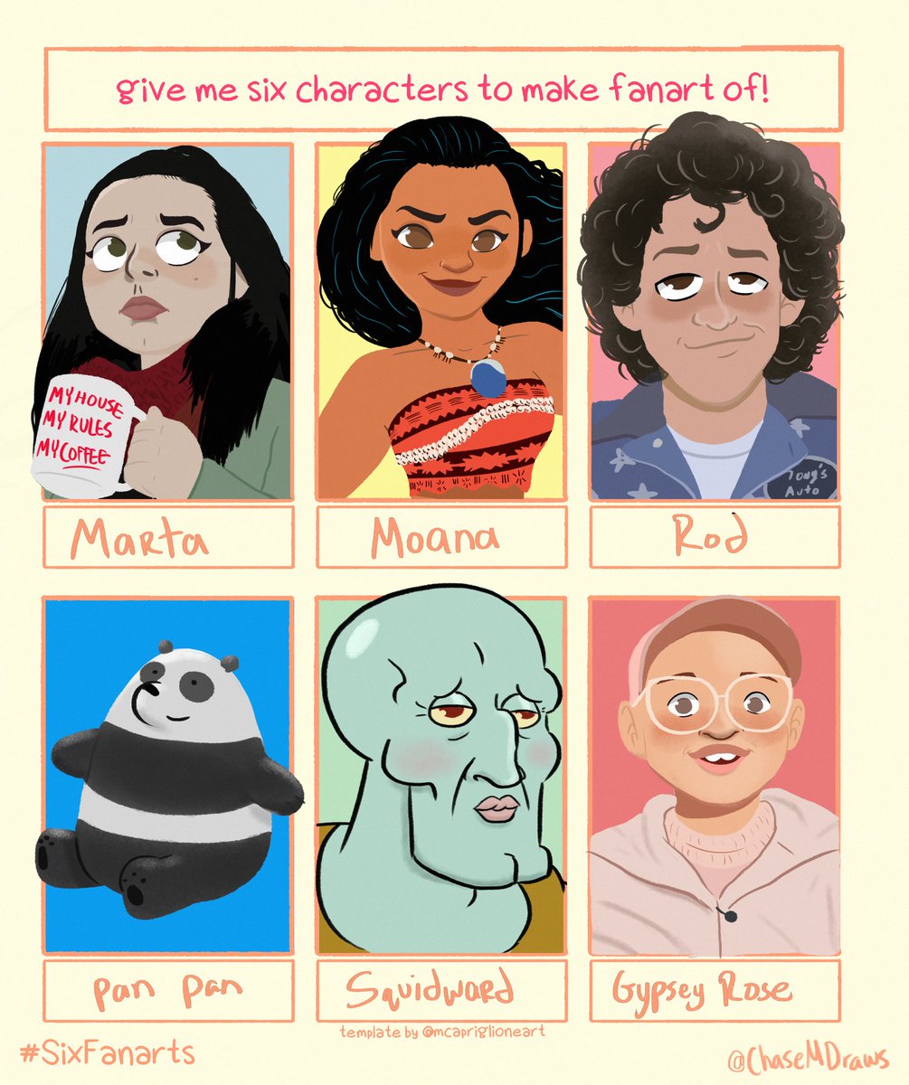 chasemdraws's tweet photo. I did the #SixfanArts challenge with an...interesting line of characters...
.
.
.
#moana #knivesout #hotrodmovie #WeBareBears #spongebob #theact https://t.co/D2IbIUW0Gx