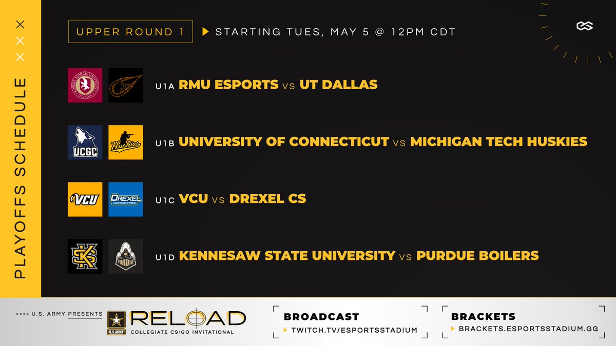 EsportsStadium's tweet image. The @USArmy #ReloadInvitational Playoffs begin today starting at 12PM CDT!

[Brackets] 📜 brackets.esportsstadium.gg
[Watch] 👁‍🗨 twitch.tv/esportsstadium