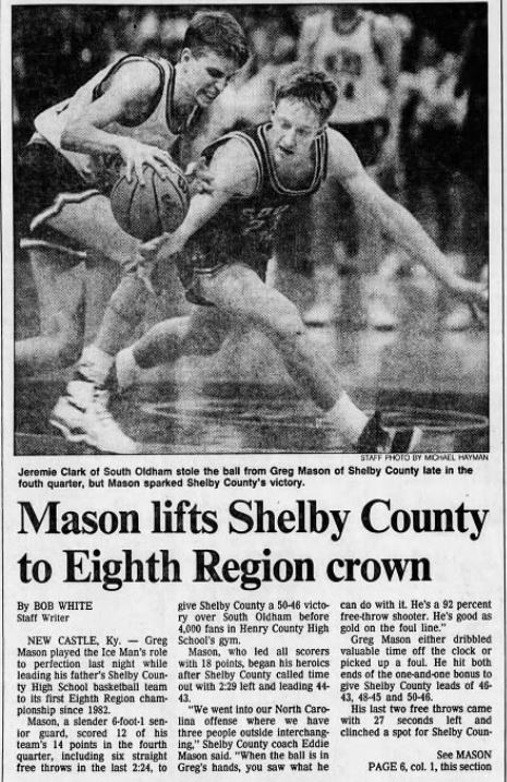 KYHSHistory's tweet photo. 30 years ago this March . . . Greg Mason was a coach on the floor for Shelby County, leading his team to the 8th Region title. Scored 12 of his team's 14 points in the 4th quarter before a packed house in New Castle.
I could see him getting into coaching. https://t.co/I4uqsGPFRK