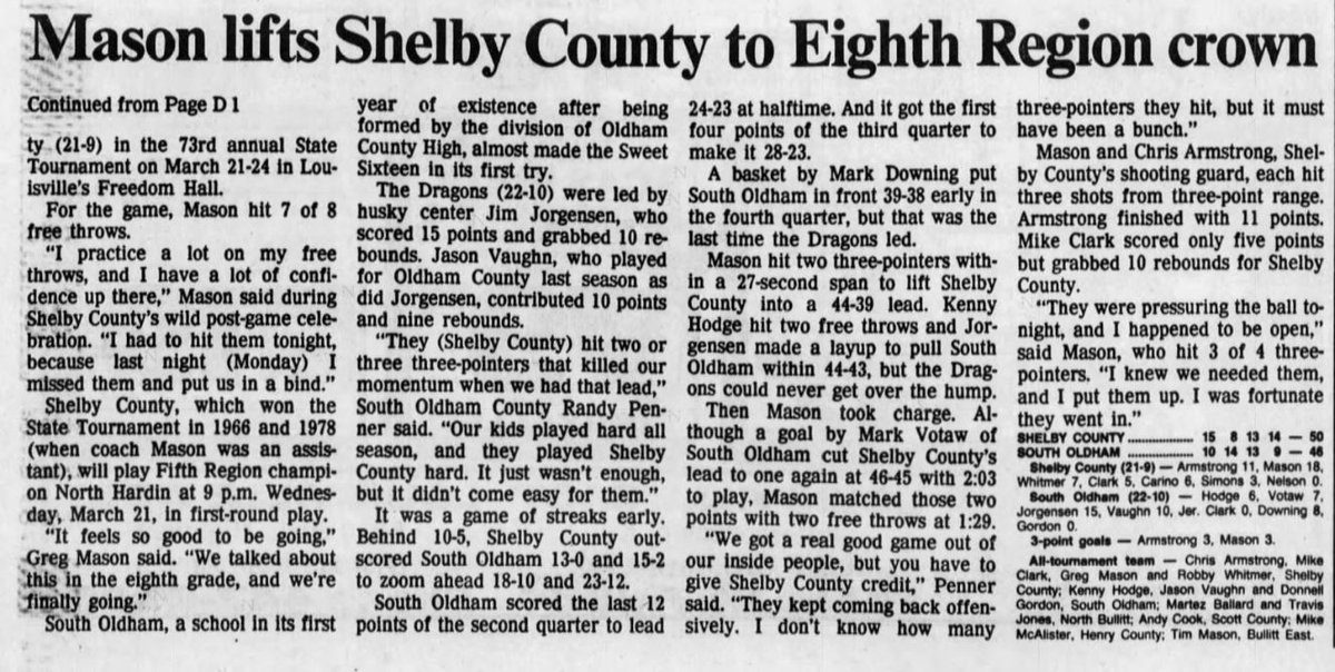 KYHSHistory's tweet photo. 30 years ago this March . . . Greg Mason was a coach on the floor for Shelby County, leading his team to the 8th Region title. Scored 12 of his team's 14 points in the 4th quarter before a packed house in New Castle.
I could see him getting into coaching. https://t.co/I4uqsGPFRK