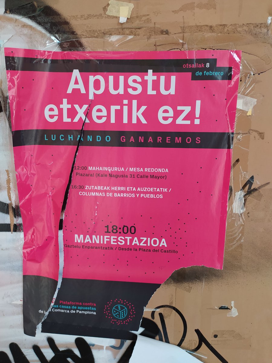 apustuetxerikez's tweet photo. Hoy me he encontrado este cartel por el barrio. Es de la primera mani a nivel de Iruñerria en contra de las casas de apuestas, en febrero. 
@stop_irunerria
#ApustuEtxerikEz https://t.co/mQ6SSb65o3