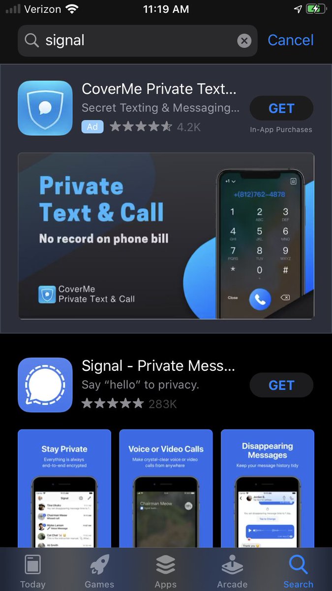 Matt once complained that first results in Play Store for Zoom are crapware. Well, not different in App Store for Signal https://t.co/v2REPfdqw2
