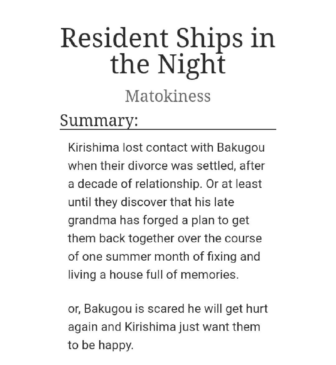 redriothashira's tweet photo. Resident Ships in the Night
23k ~ finished ~ explicit 
https://t.co/EL0h2vNWzF
#kiribaku #krbk https://t.co/HBxPaFjdj8