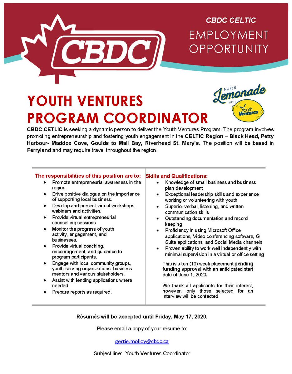 CBDCCeltic's tweet photo. CBDC CETLIC is seeking a dynamic person to deliver the Youth Ventures Program. The program involves promoting entrepreneurship and fostering youth engagement in the CELTIC Region – Black Head, Petty Harbour- Maddox Cove, Goulds to Mall Bay, Riverhead St. Mary’s. https://t.co/4u6VzxmuVj